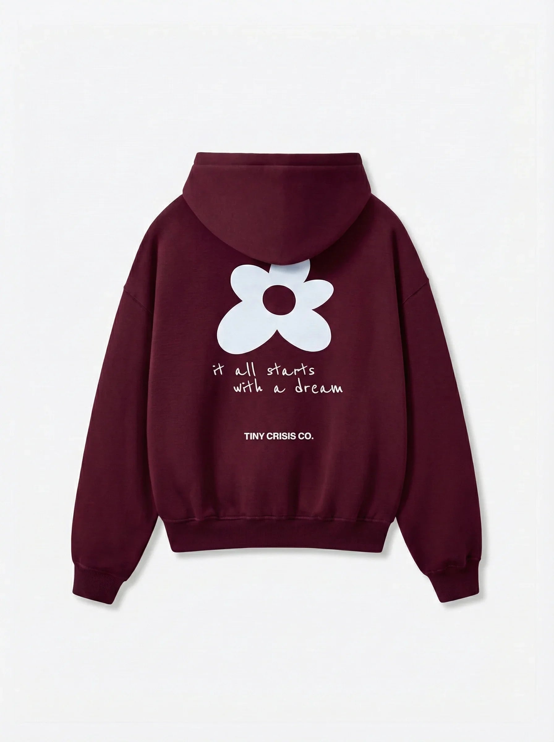 Maroon hoodie with white flower graphic and text on a light gray background