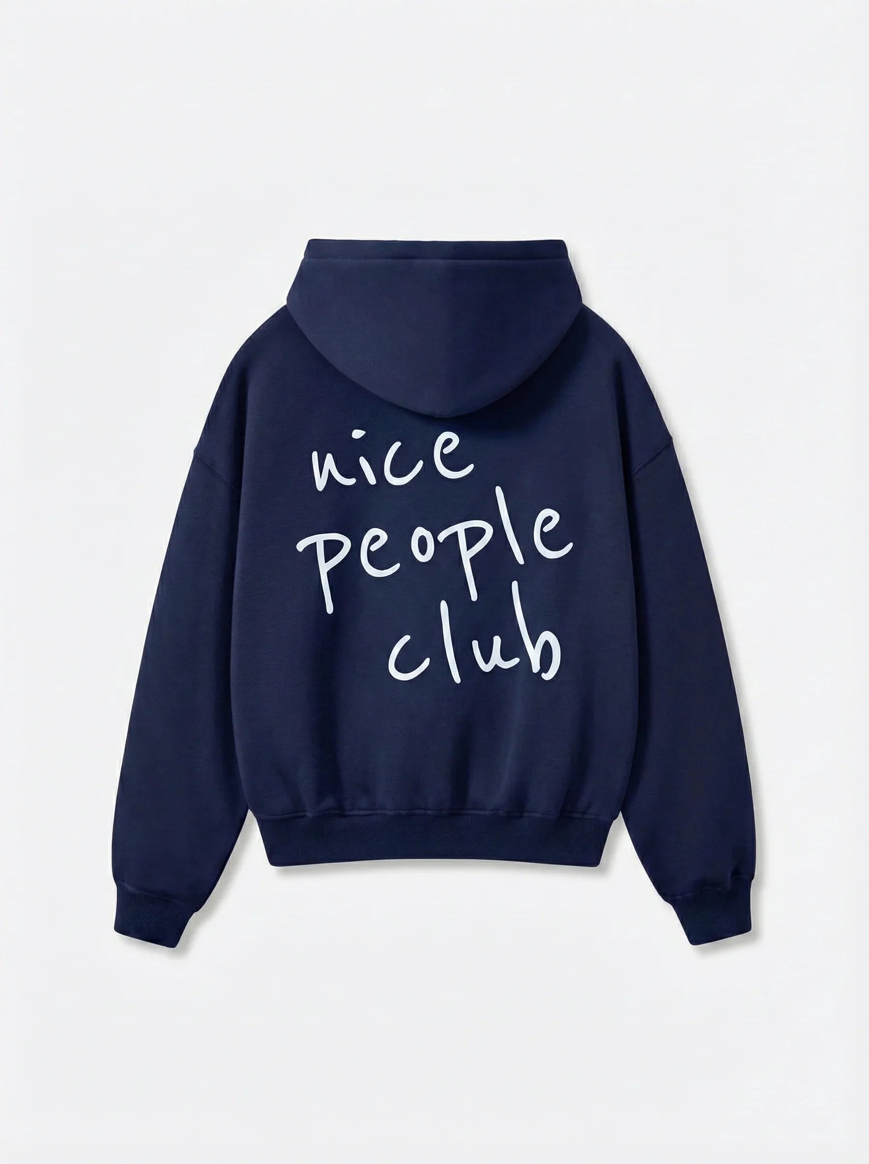 Navy blue hoodie with 'nice people club' text on the back against a light gray background
