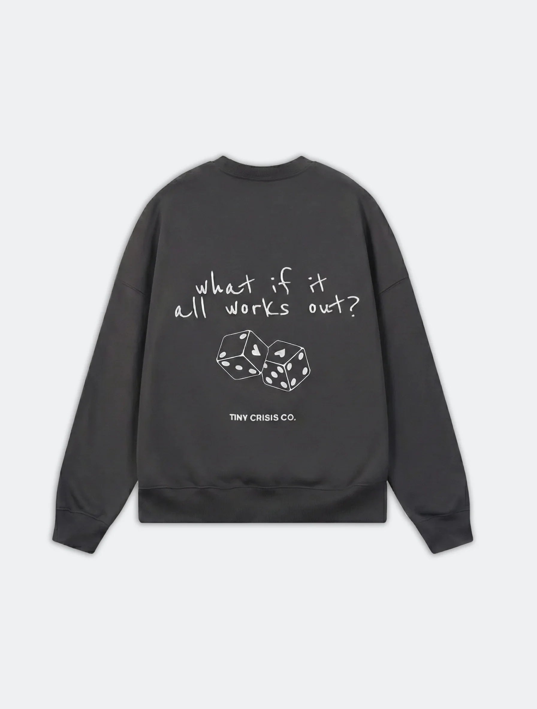 Grey sweatshirt with text and dice design on a light gray background