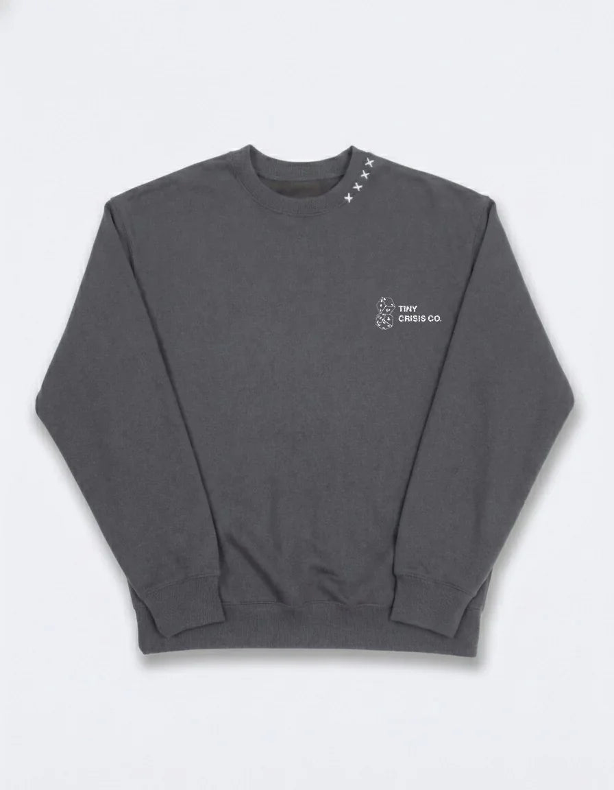 Gray sweatshirt with a small logo on a white background