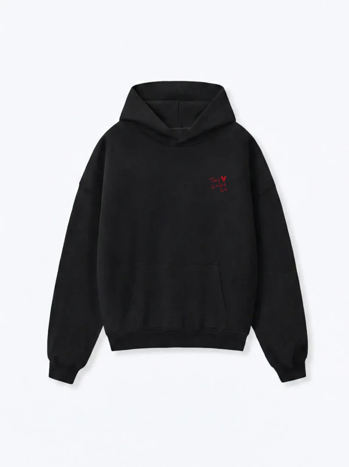 Black hoodie with small Tiny Crisis Co. logo with heart on the left 