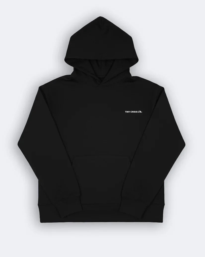 Black hoodie with a brand logo on a light gray background