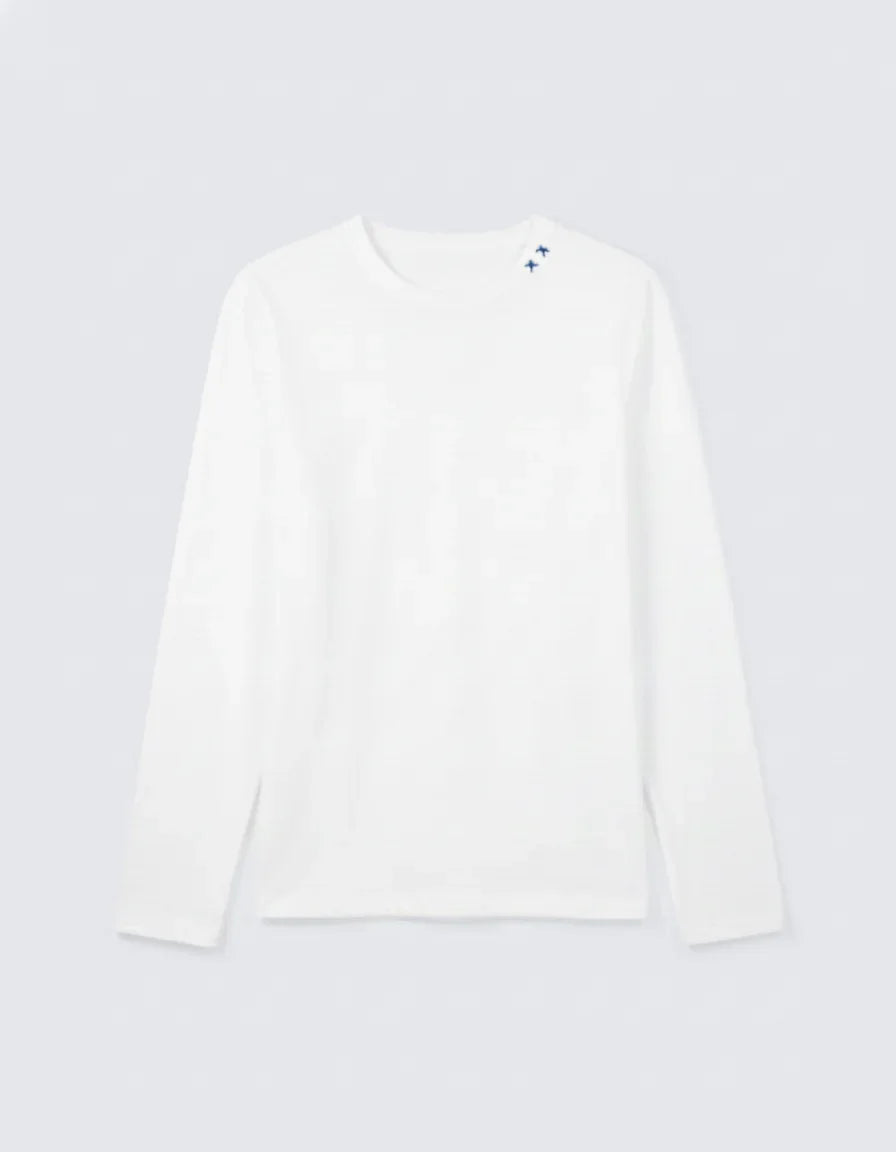 White long-sleeve shirt on a light gray background