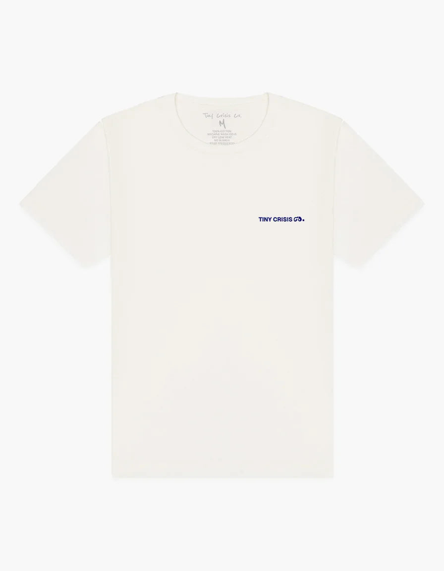 White t-shirt with a small blue logo on a white background