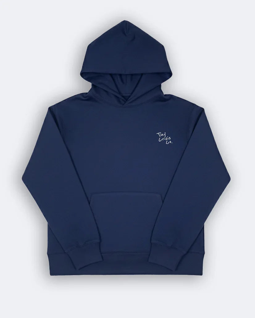 Navy blue hoodie with a small white logo on a light gray background